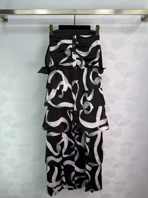 Chanel Silk Strapless Dress with Ribbon Print and Crystal Buckle, Elegant and Glamorous