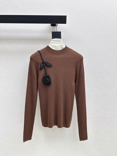 Valentino Soft Wool Knit High-Neck Top with 3D Flower Decoration