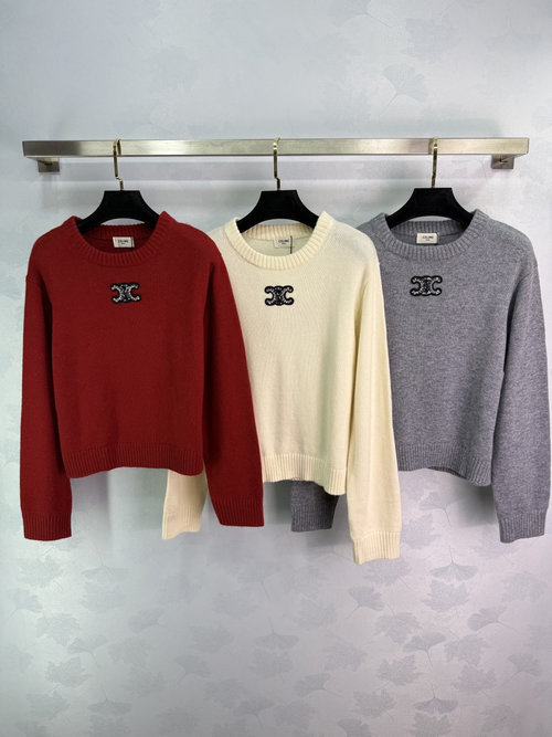 Celine Brand Classic Letter Color-blocking Knit Round-neck Pullover, Three Colors