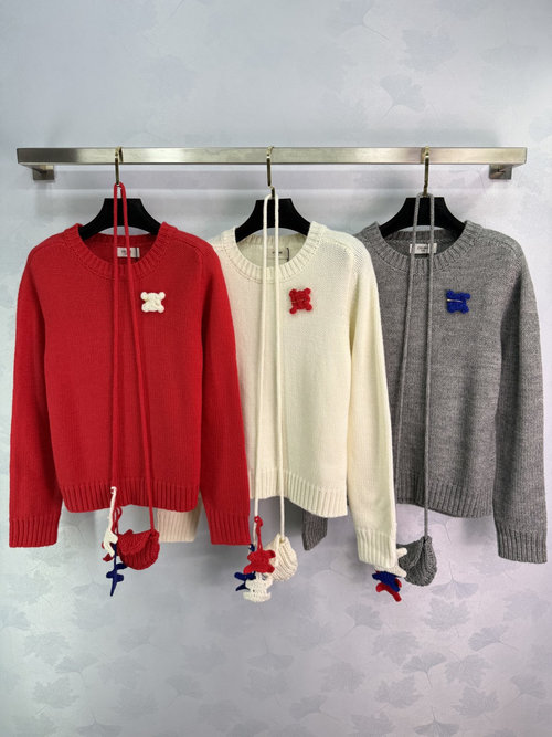 Celine Crew Neck Knit Sweater with Embroidered Elements and Ribbed Edging