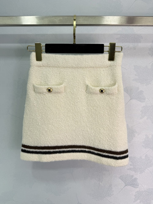 Chanel Knitted Skirt with Double Pockets and Gold Buttons, Coffee Striped Hem