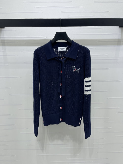 Thom Browne Custom Wool Knit Open - Front Cardigan with Embroidery Puppy and Stripes