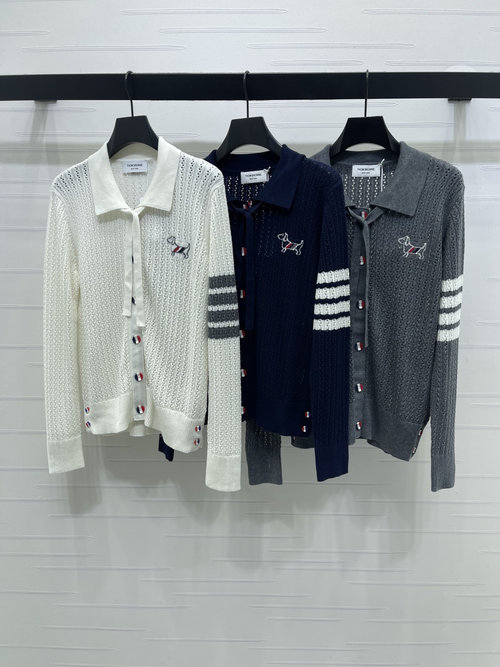 Thom Browne Knit Long Sleeve Cardigan with Embroidered Puppy Pattern