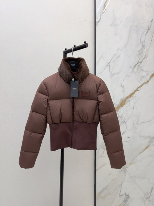 Fendi Spliced Fur Collar Waist-Contracted Down Jacket with 90% White Goose Down