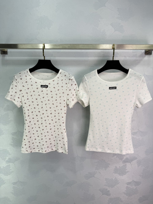 Miu Miu Customized Cotton Floral Short-Sleeve Top, Well-Fitted and Charming