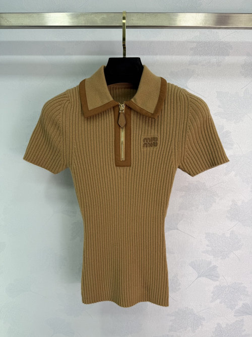 Miu Miu Suede-Trimmed Zip-Up Knit Short-Sleeve Shirt