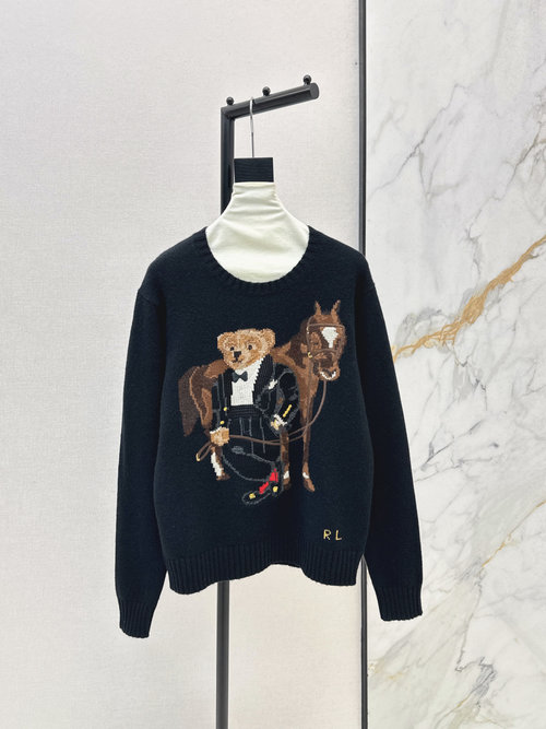 Loro Piana American Casual Style Knight Bear Round-neck Sweater with Embroidery