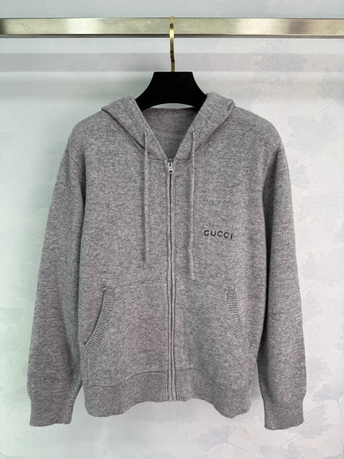 Gucci Hooded Knitted Cardigan with Embroidered Logo and Zipper