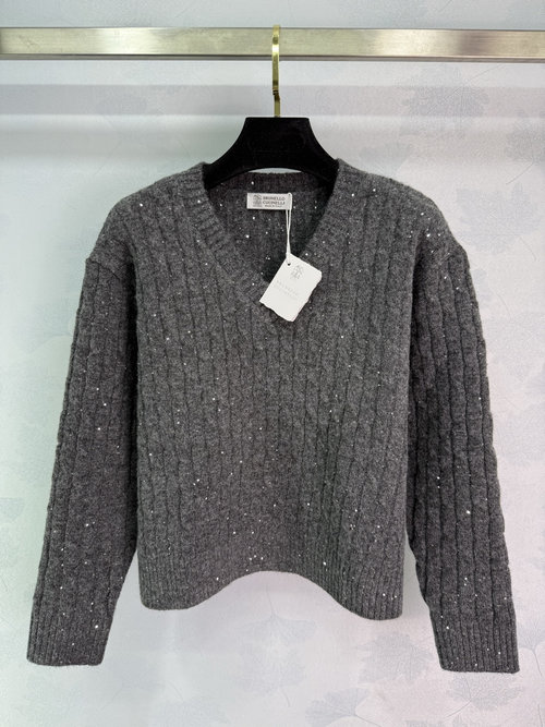 Brunello Cucinelli Custom Knitted V-Neck Long Sleeve with Sequins