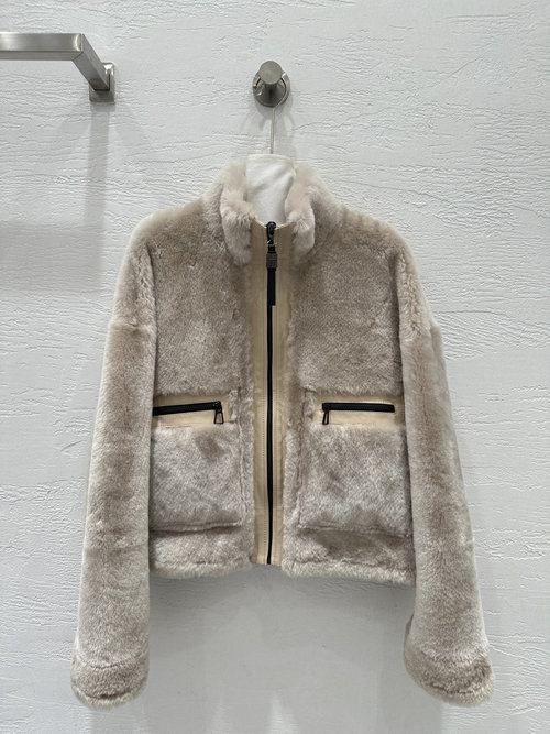 Brunello Cucinelli Exclusive High-end Merino Fur Coat with Classic H Design and Copper Chain