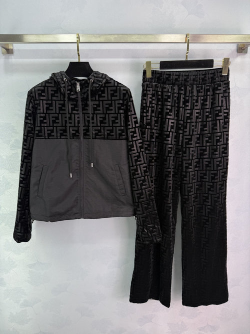 Fendi Elegant Velvet Tracksuit with Double F Jacquard, Hooded Top and Nylon Trousers
