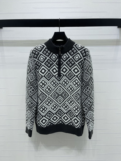 Loro Piana Geometric Patterned Stand Collar Pullover Sweater, Wool Blend, Fashionable Half Zip