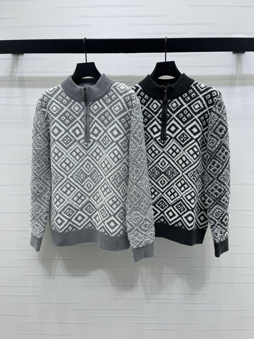 Loro Piana Geometric Patterned Stand Collar Half-Zip Wool Blend Pullover Sweater