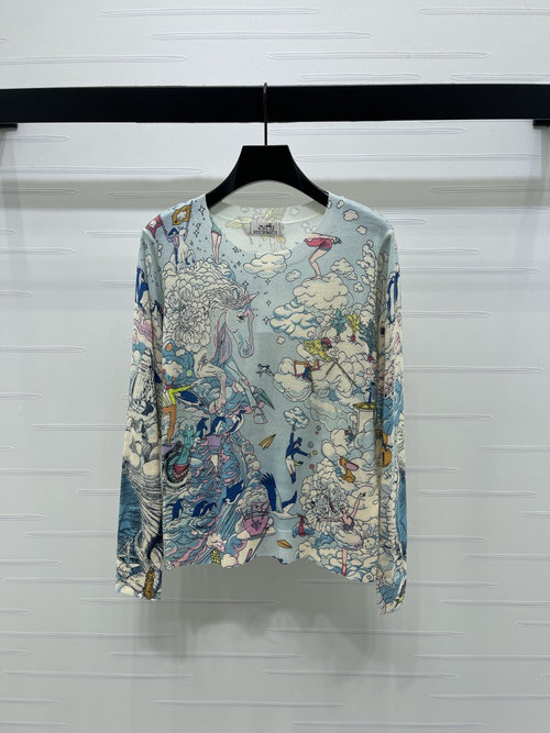 Hermes Printed Round Neck Knit Long Sleeve with Horse Cloud Pattern, Latest Collection