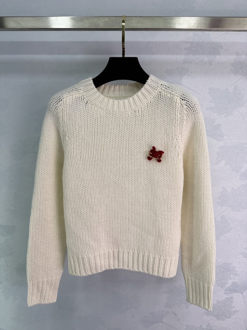 Celine Triumphal Arch Brooch Round Neck Wool Knit Sweater