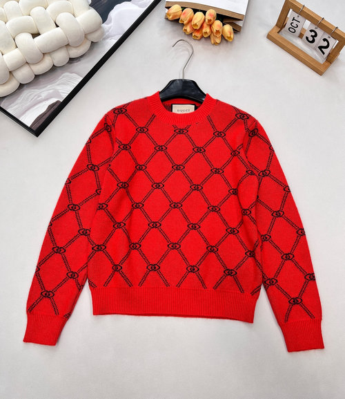 Gucci Festive Double G Red Jacquard Sweater