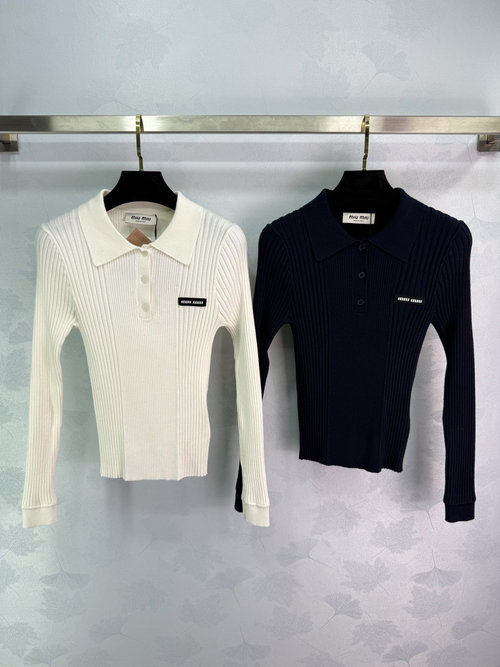 Miu Miu Polo Collar Knit Shirt with Logo Emblem and Slimming Cut