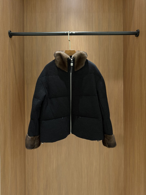 Brunello Cucinelli Eiderdown Jacket with Double - layer Mink Collar, 30% Cashmere and 70% Wool