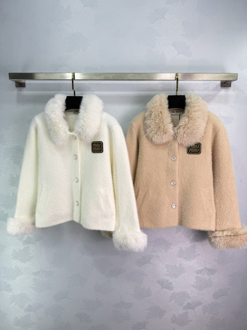 Miu Miu Faux Lamb Wool Collar Coat, Soft Fabric, Sleeve Ball Accents