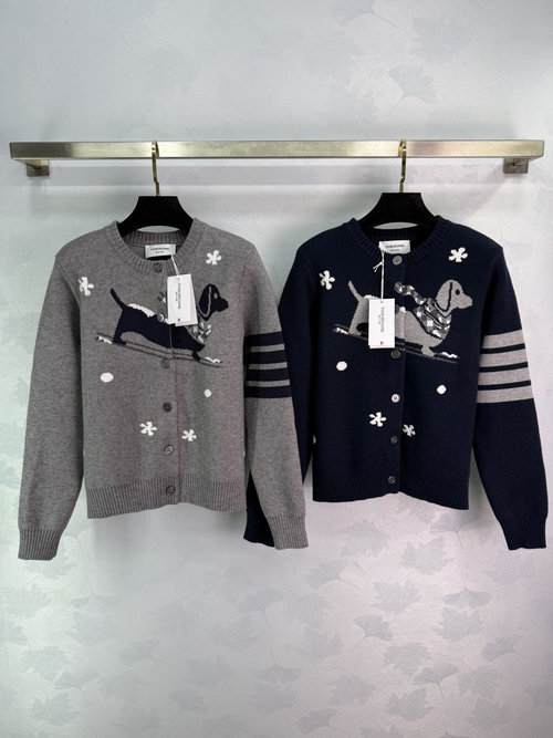 Thom Browne Dachshund Pattern Knit Cardigan, American Retro Style for Casual Occasions