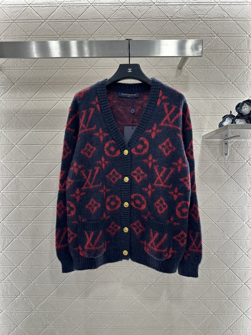 Louis Vuitton V-Neck Embroidered Knit Cardigan with Round Buttons and Logo