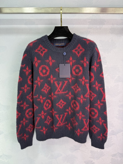 Louis Vuitton Red Jacquard Knit Top with Monogram Pattern, Wool Blend Fabric for Middle-Aged