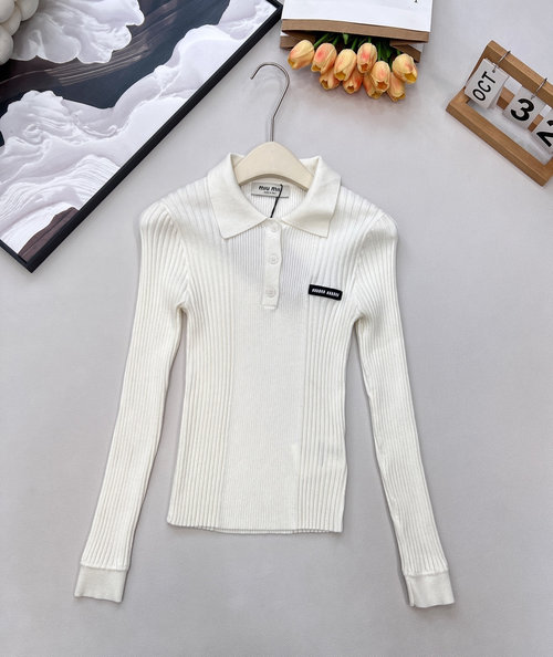 Miu Miu Soft Wool Knit Long - Sleeve Top with Logo Patch