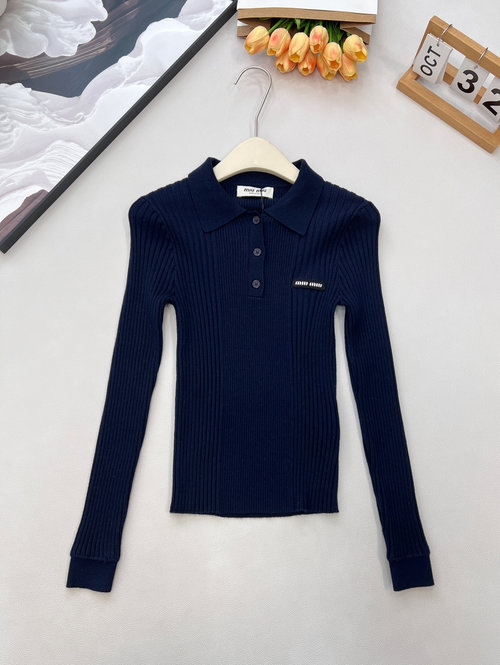 Miu Miu Soft Wool Knit Long - Sleeve Top with Logo Patch