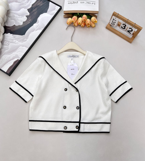 Dior Navy Collar Knitted Short Jacket with Color Block