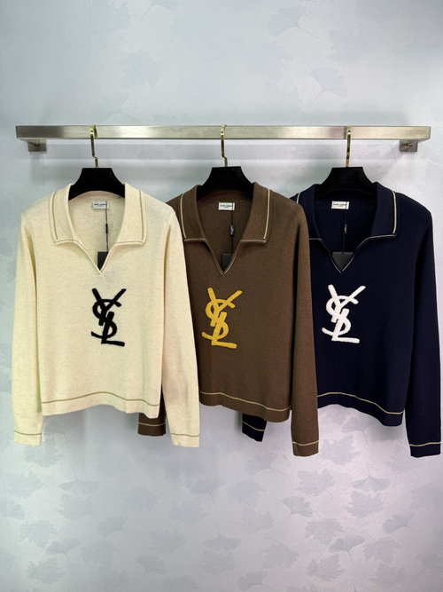 Yves Saint Laurent Embroidered Collar Knitwear with a Classic Logo for a Timeless Appearance