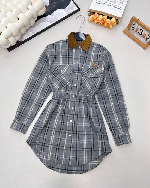 Miu Miu Checked Waist-Contracted Shirt Dress with Letter Embroider