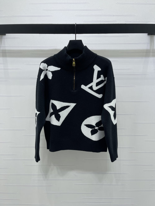 Louis Vuitton Luxury Jacquard Collared Knit Sweater with Four-leaf Clover Emblem