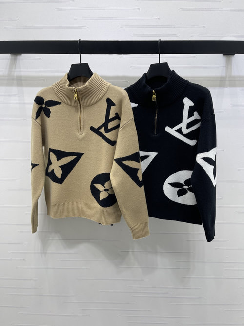 Louis Vuitton Luxury Jacquard Collared Knit Sweater with Four-leaf Clover Emblem