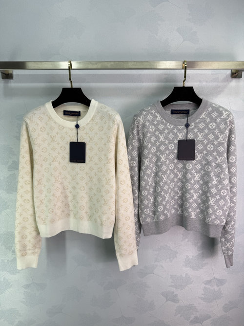 Louis Vuitton Monogram Jacquard Knit Sweater in Cream with Classic Old Flower Pattern