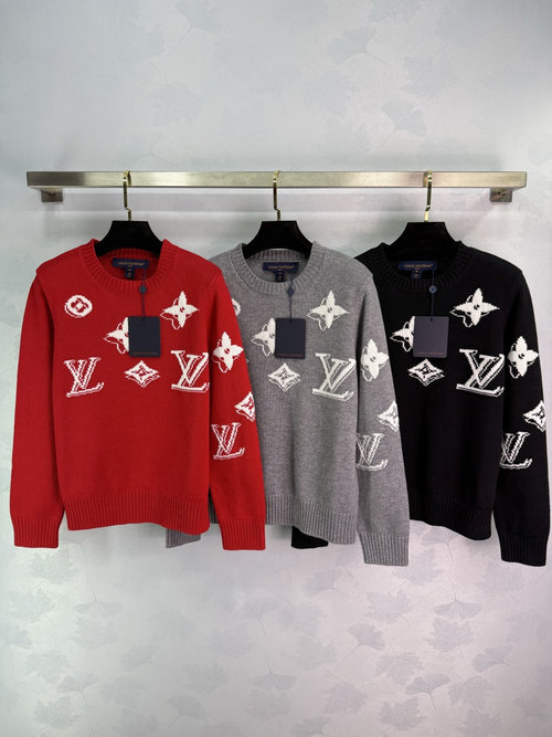 Louis Vuitton Monogram Pattern Knitted Sweater with Cross Stitch, Soft Wool Blend for Comfort