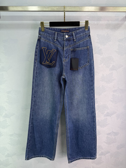 Louis Vuitton High-Waisted Jeans with Logo Embroidery, Elegant and Slimming