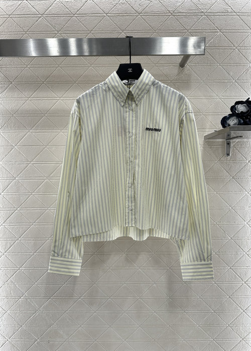 Miu Miu Customized Cotton Striped Short-Sleeved Shirt with Embroidered Logo