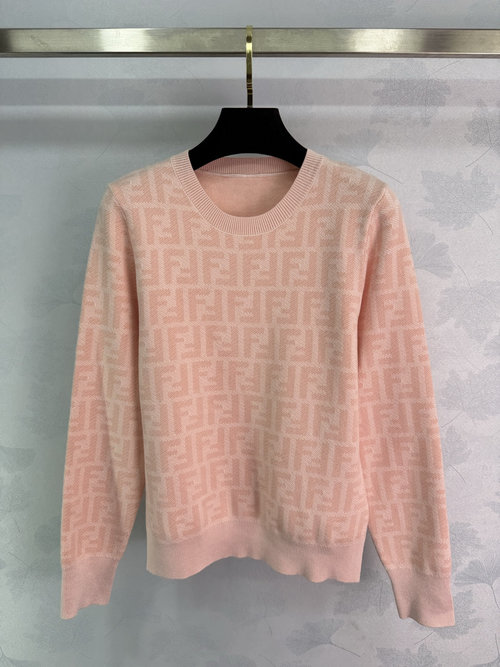 Fendi FF Monogram Knit Long-Sleeve Top in Low-Saturation Cherry Pink, Gentle and Versatile, Made of Blended Yarn for Soft and Skin-Friendly Touch, Fea