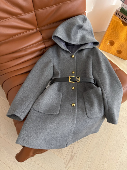 Valentino V-Buckle Belted Woolen Hooded Coat with Witchy Aesthetic