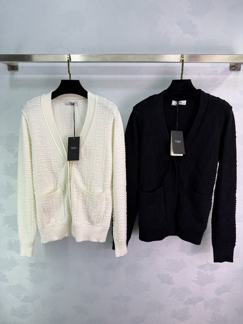 Fendi Custom Imported Wool Yarn V-Neck Long Sleeve Cardigan with Jacquard Design