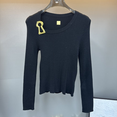 Schiaparelli Pin Brooch Square Neck Sweater in Black, Brown and White