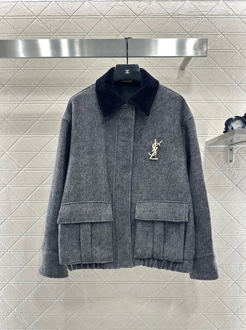 Yves Saint Laurent Pin-Brooch Decorated Corduroy Collar Wool Jacket