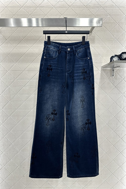Chanel High-Waisted Distressed Jeans with Cross Embroidery, Fashionable Design