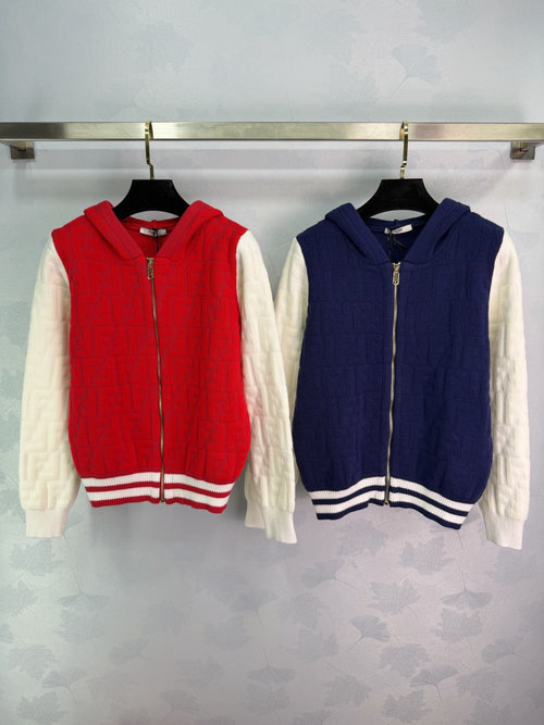 Fendi Color-Block Hooded Cardigan with Double F Logo Jacquard