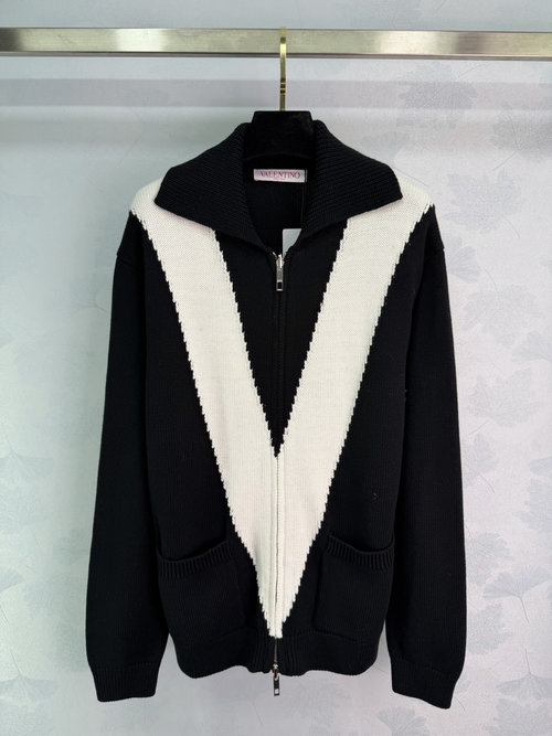 Valentino V-Neck Zip-up Sweater with Geometric Pattern and High Collar