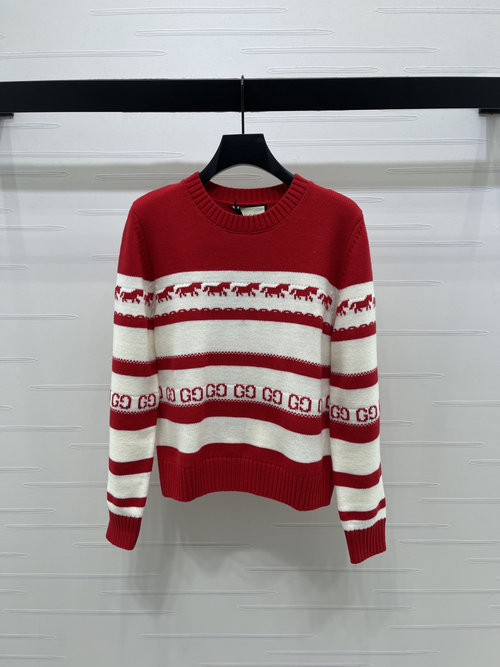 Gucci Imported Yarn Striped Pullover with Horse Hook Pattern