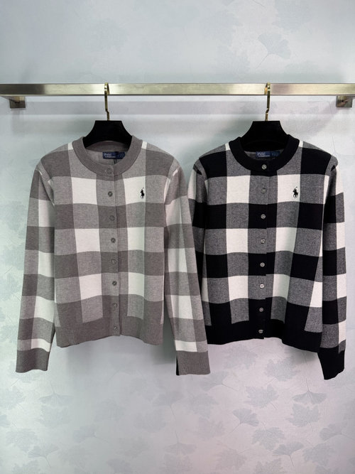 Polo Ralph Lauren CONTRAST CHECKED KNIT ROUND NECK CARDIGAN WITH EMBROIDERED PONY
