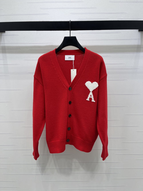 Ami Contrast Heart Crochet V-Neck Knit Long-Sleeve Cardigan