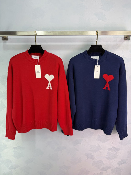 Ami Heart-Embroidered Wool Sweater with A Letter Motif, Soft and Cozy Wear