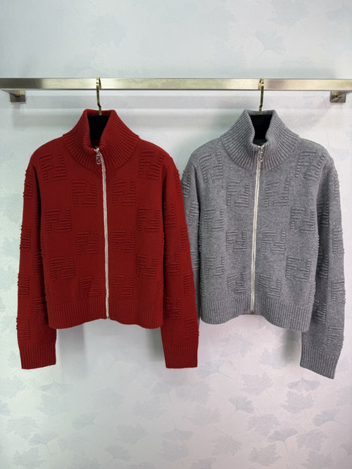 Fendi Zip-up Long Sleeve Cardigan with Double F Jacquard